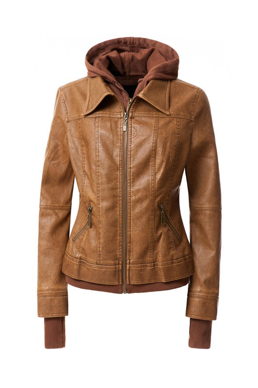 Women's Hood PU Leather Jacket