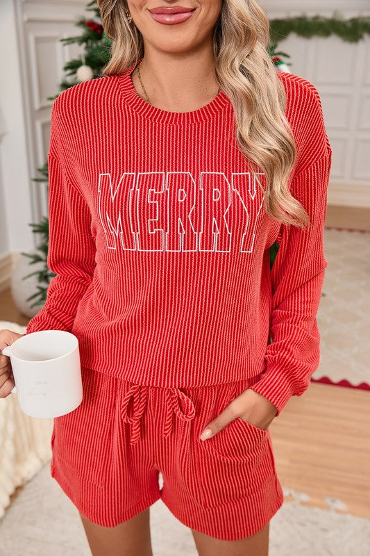 Corded MERRY Long Sleeve Top and Shorts Pajama Set